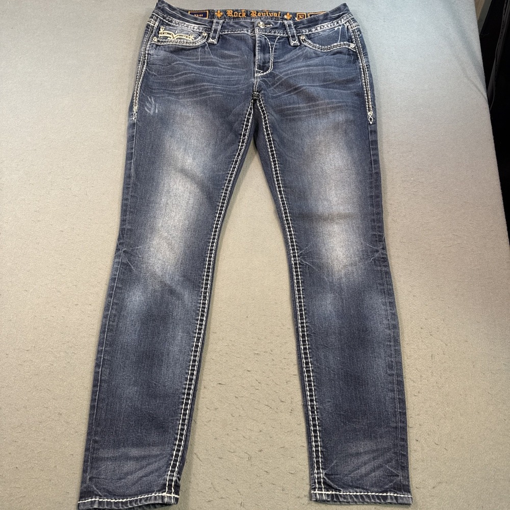 Rock Revival Abree Easy Skinny Jeans womens 33x31 THICK STITCH WHISKERING - Picture 3 of 10